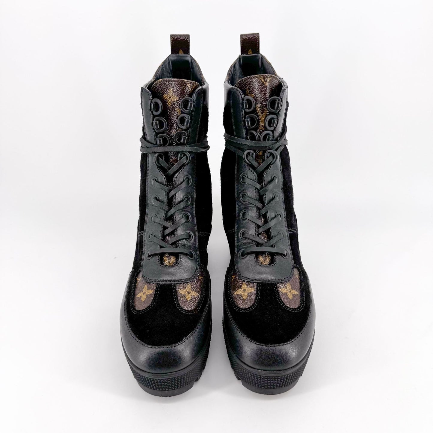 Louis Vuitton Laureate Platform Desert Combat Boot in Black Suede & LV Monogram Canvas Size 40
