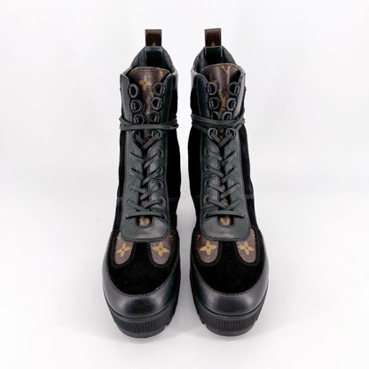 Louis Vuitton Laureate Platform Desert Combat Boot in Black Suede & LV Monogram Canvas Size 40