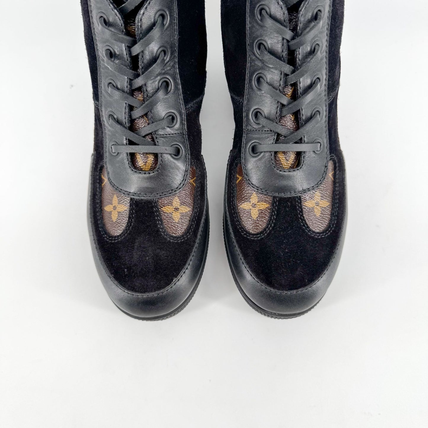 Louis Vuitton Laureate Platform Desert Combat Boot in Black Suede & LV Monogram Canvas Size 40