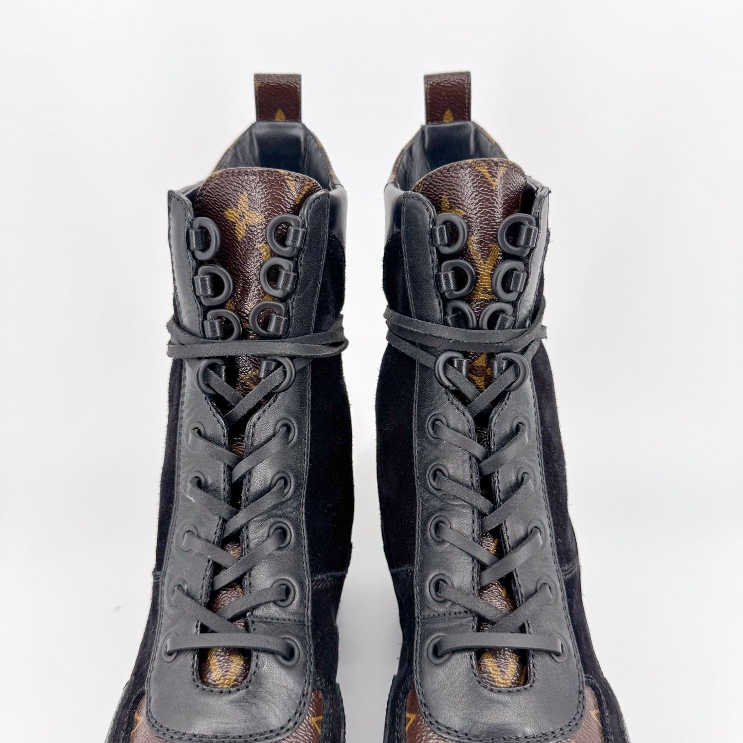Louis Vuitton Laureate Platform Desert Combat Boot in Black Suede & LV Monogram Canvas Size 40
