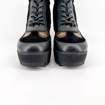 Louis Vuitton Laureate Platform Desert Combat Boot in Black Suede & LV Monogram Canvas Size 40