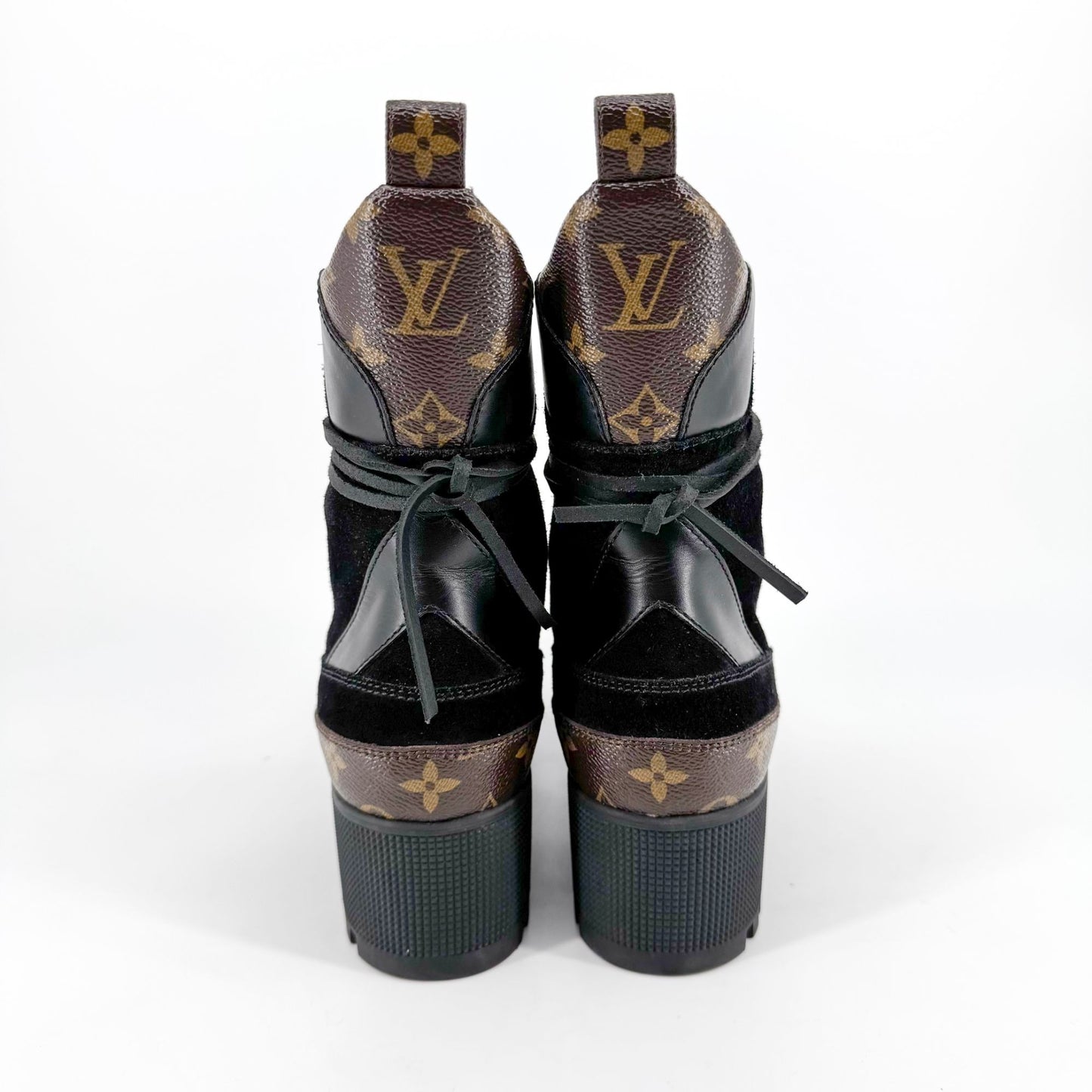 Louis Vuitton Laureate Platform Desert Combat Boot in Black Suede & LV Monogram Canvas Size 40