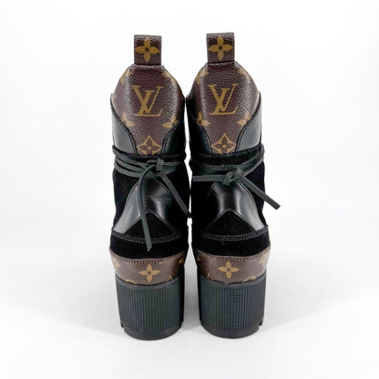 Louis Vuitton Laureate Platform Desert Combat Boot in Black Suede & LV Monogram Canvas Size 40