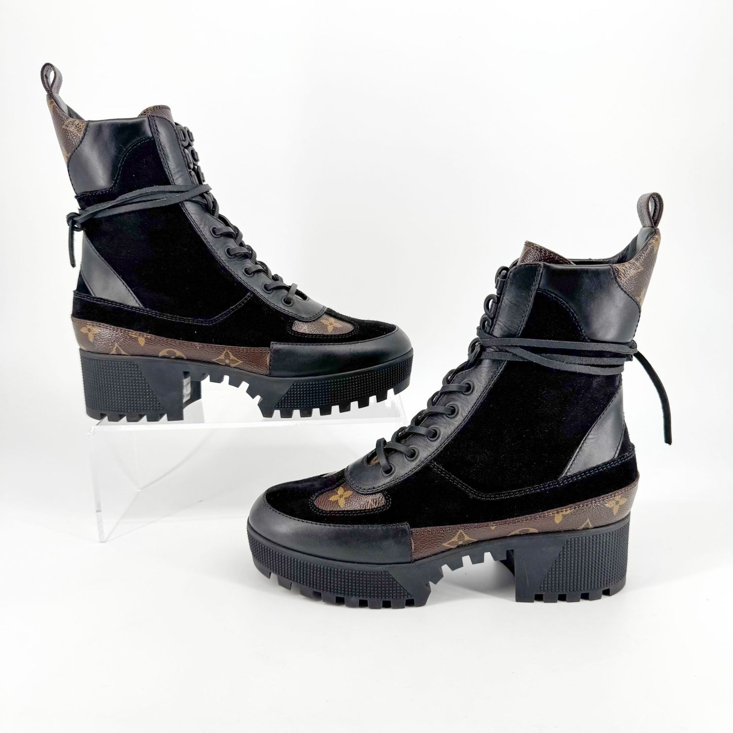 Louis Vuitton Laureate Platform Desert Combat Boot in Black Suede & LV Monogram Canvas Size 40