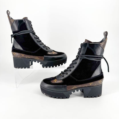 Louis Vuitton Laureate Platform Desert Combat Boot in Black Suede & LV Monogram Canvas Size 40
