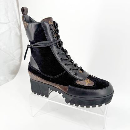 Louis Vuitton Laureate Platform Desert Combat Boot in Black Suede & LV Monogram Canvas Size 40