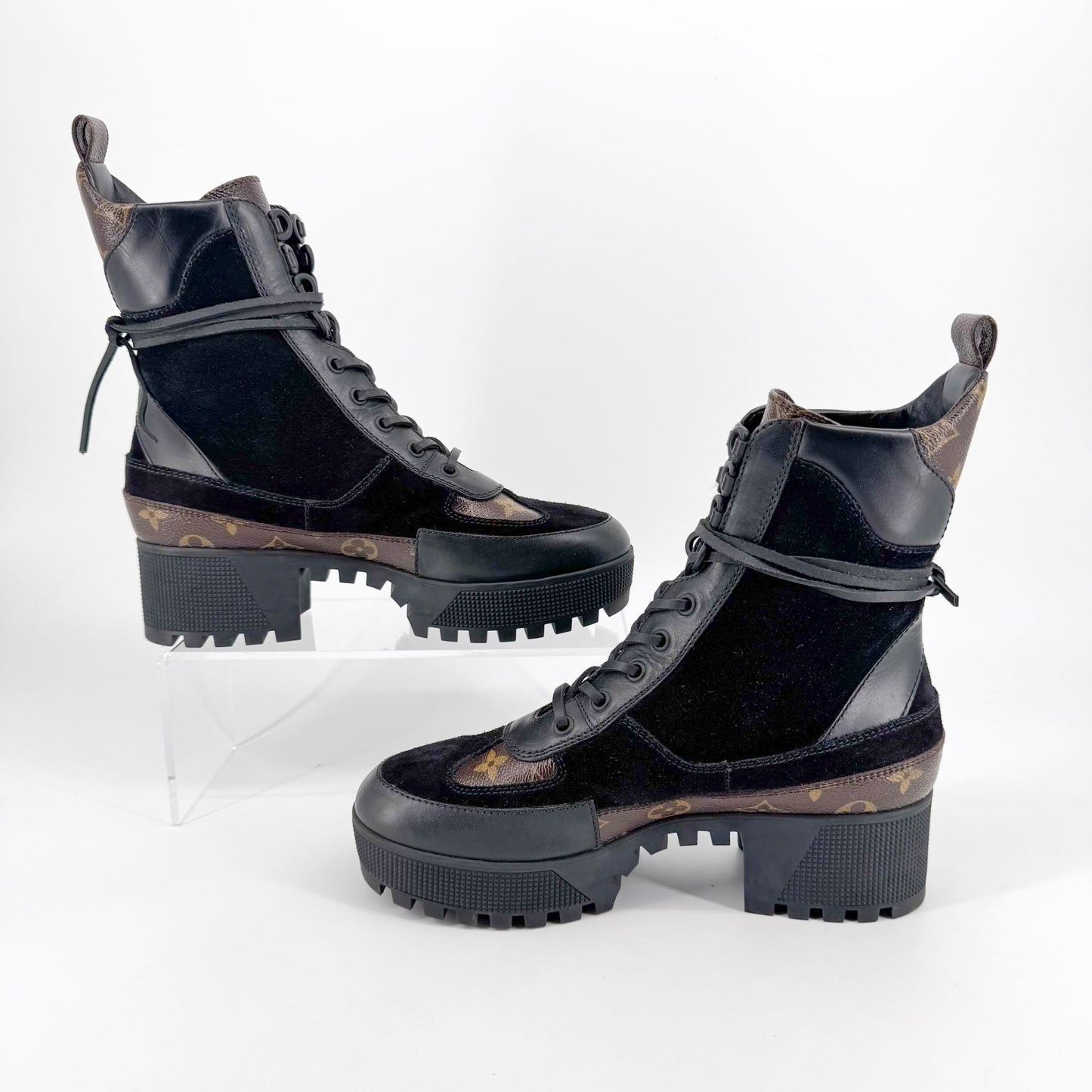 Louis Vuitton Laureate Platform Desert Combat Boot in Black Suede & LV Monogram Canvas Size 40