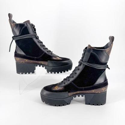 Louis Vuitton Laureate Platform Desert Combat Boot in Black Suede & LV Monogram Canvas Size 40