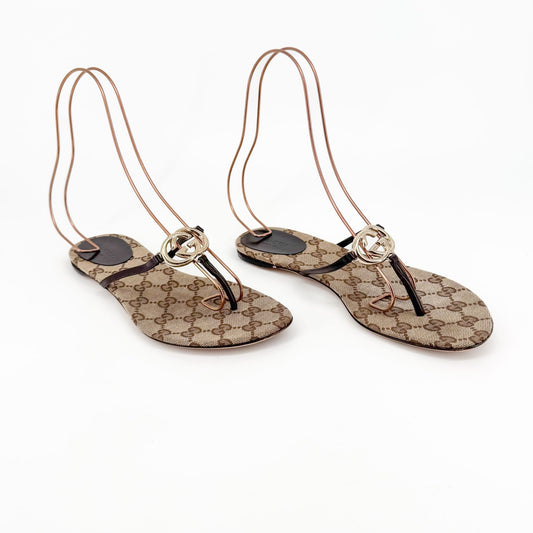Gucci Interlocking G Flat Thong Sandals in Brown GG Monogram Canvas Size 7