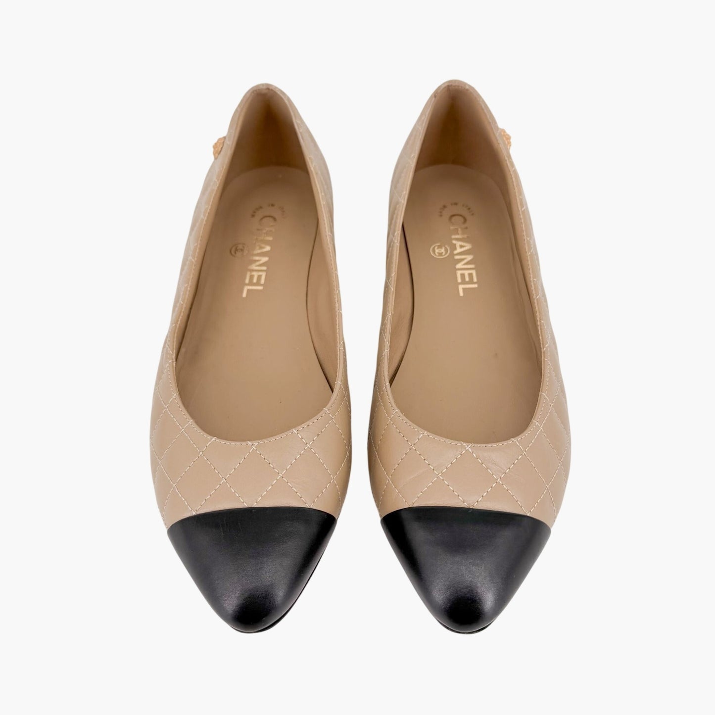 Chanel Cap Toe Quilted Ballet Flats Beige Size 38.5