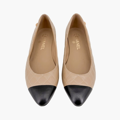 Chanel Cap Toe Quilted Ballet Flats Beige Size 38.5