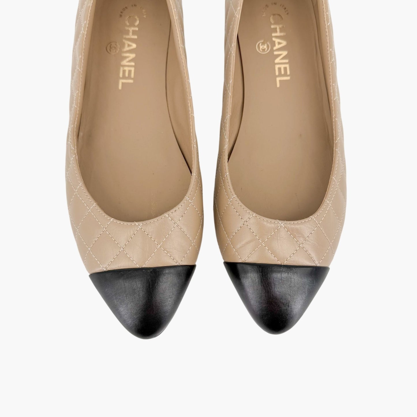 Chanel Cap Toe Quilted Ballet Flats Beige Size 38.5