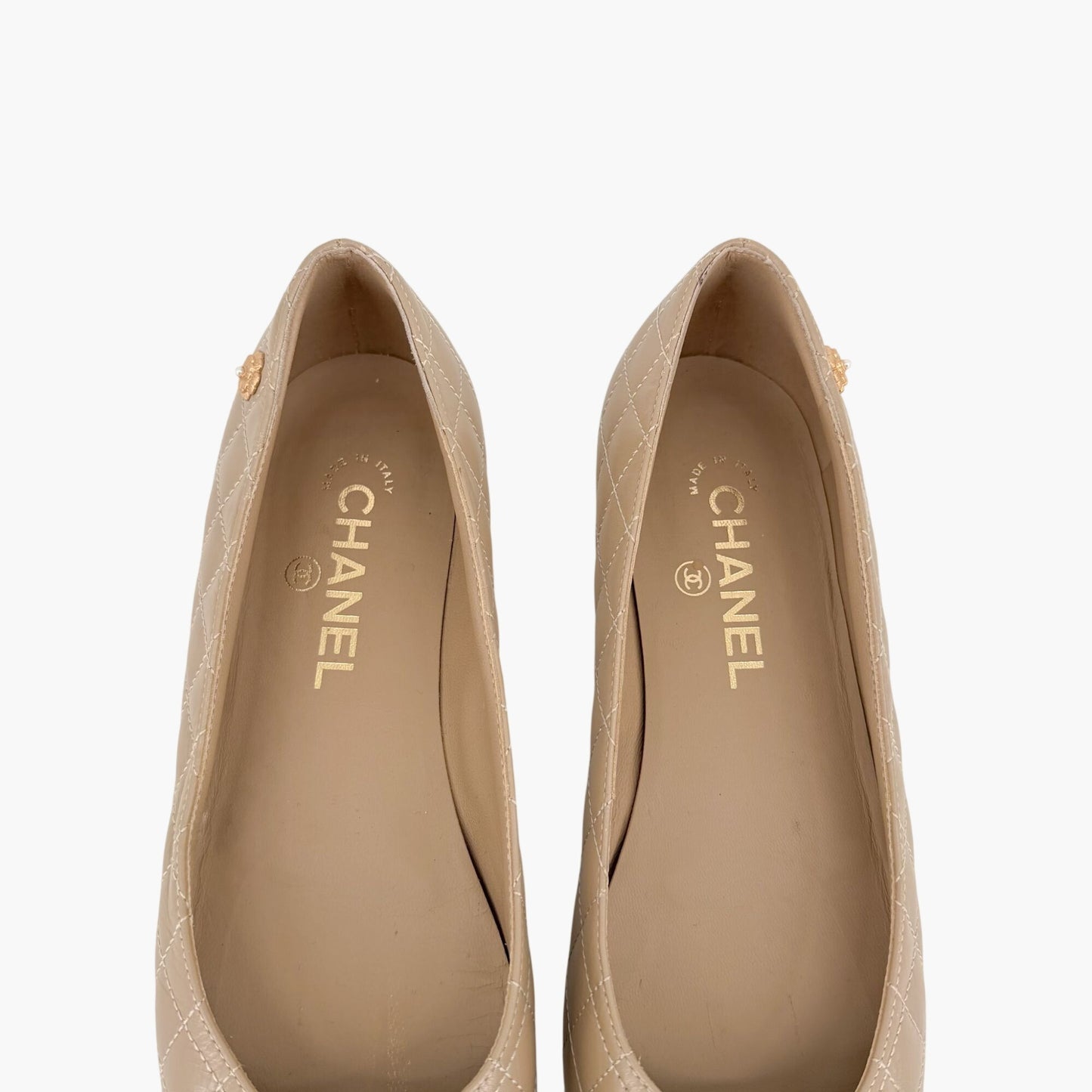 Chanel Cap Toe Quilted Ballet Flats Beige Size 38.5