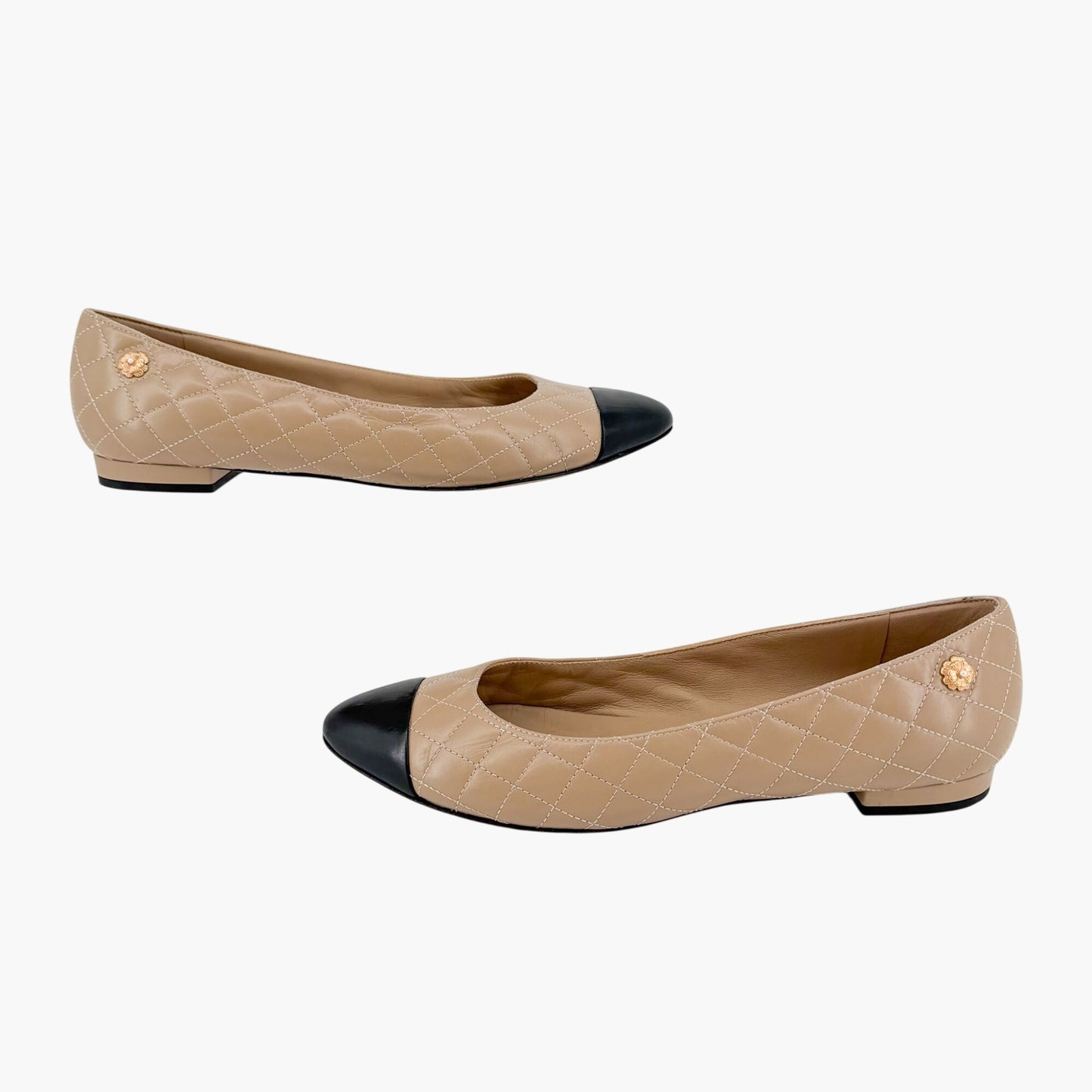 Chanel Cap Toe Quilted Ballet Flats Beige Size 38.5