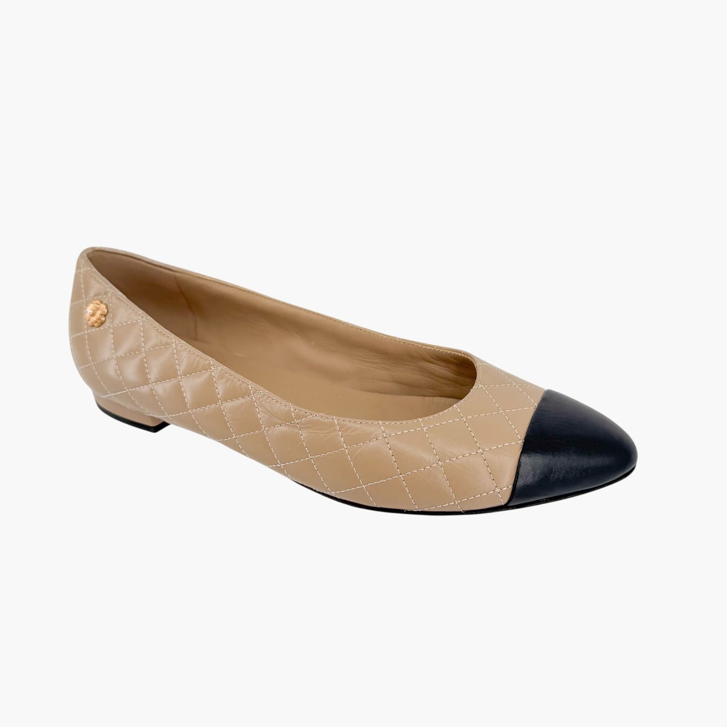Chanel Cap Toe Quilted Ballet Flats Beige Size 38.5
