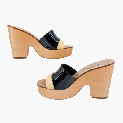 Chanel CC Wooden Wedge Mule Sandals in Black & Beige Patent Leather Size 36.5