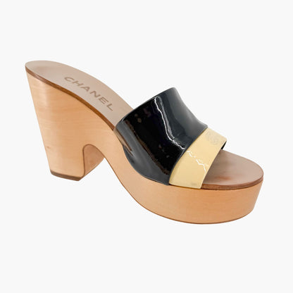 Chanel CC Wooden Wedge Mule Sandals in Black & Beige Patent Leather Size 36.5