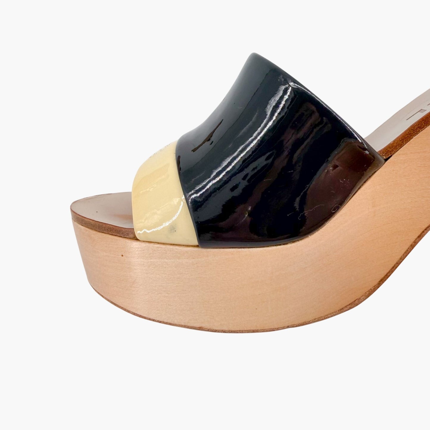 Chanel CC Wooden Wedge Mule Sandals in Black & Beige Patent Leather Size 36.5