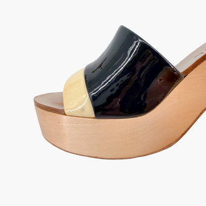 Chanel CC Wooden Wedge Mule Sandals in Black & Beige Patent Leather Size 36.5