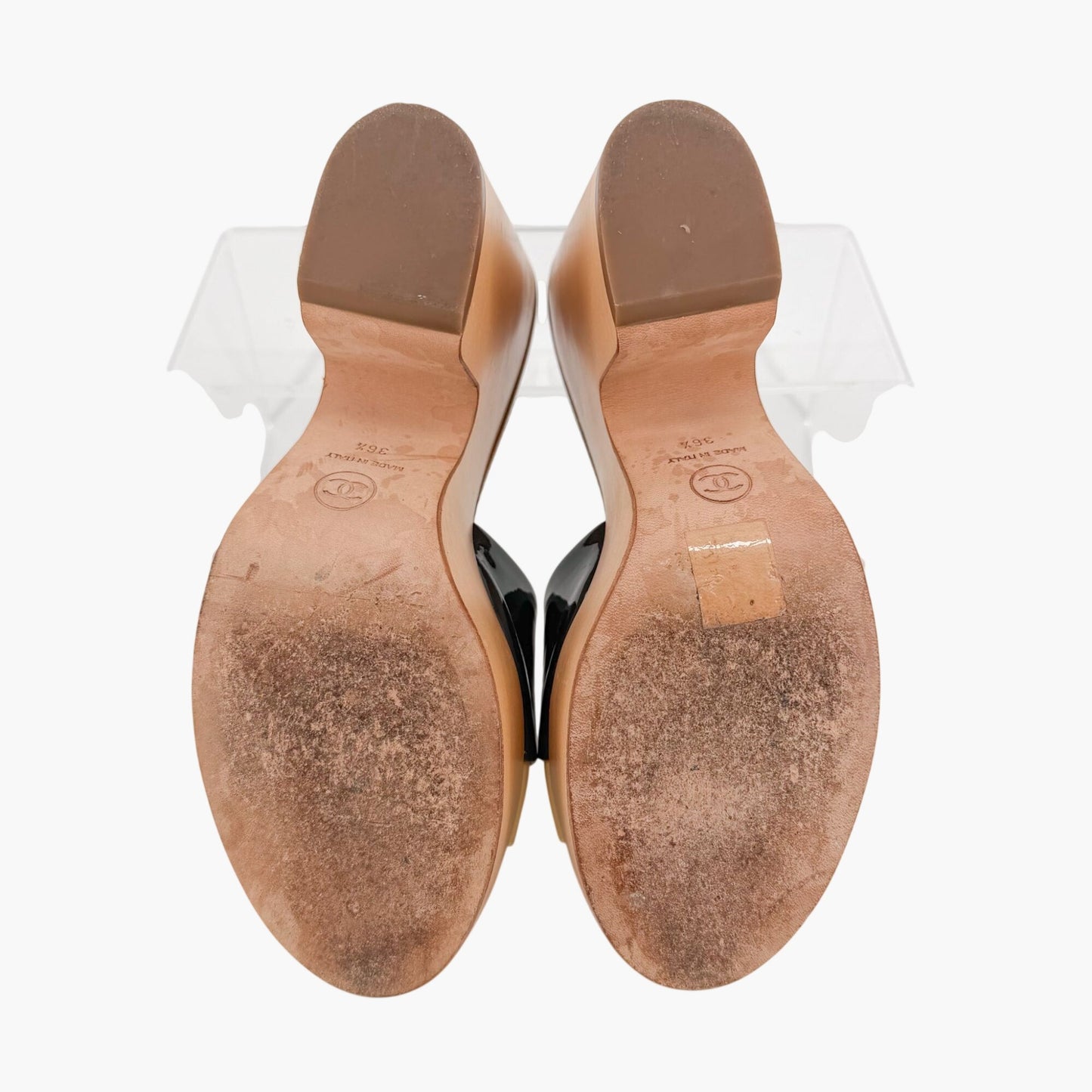 Chanel CC Wooden Wedge Mule Sandals in Black & Beige Patent Leather Size 36.5