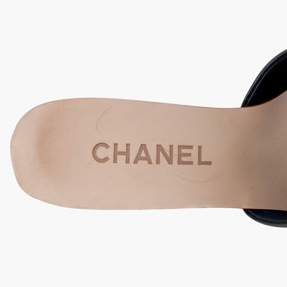 Chanel CC Wooden Wedge Mule Sandals in Black & Beige Patent Leather Size 36.5