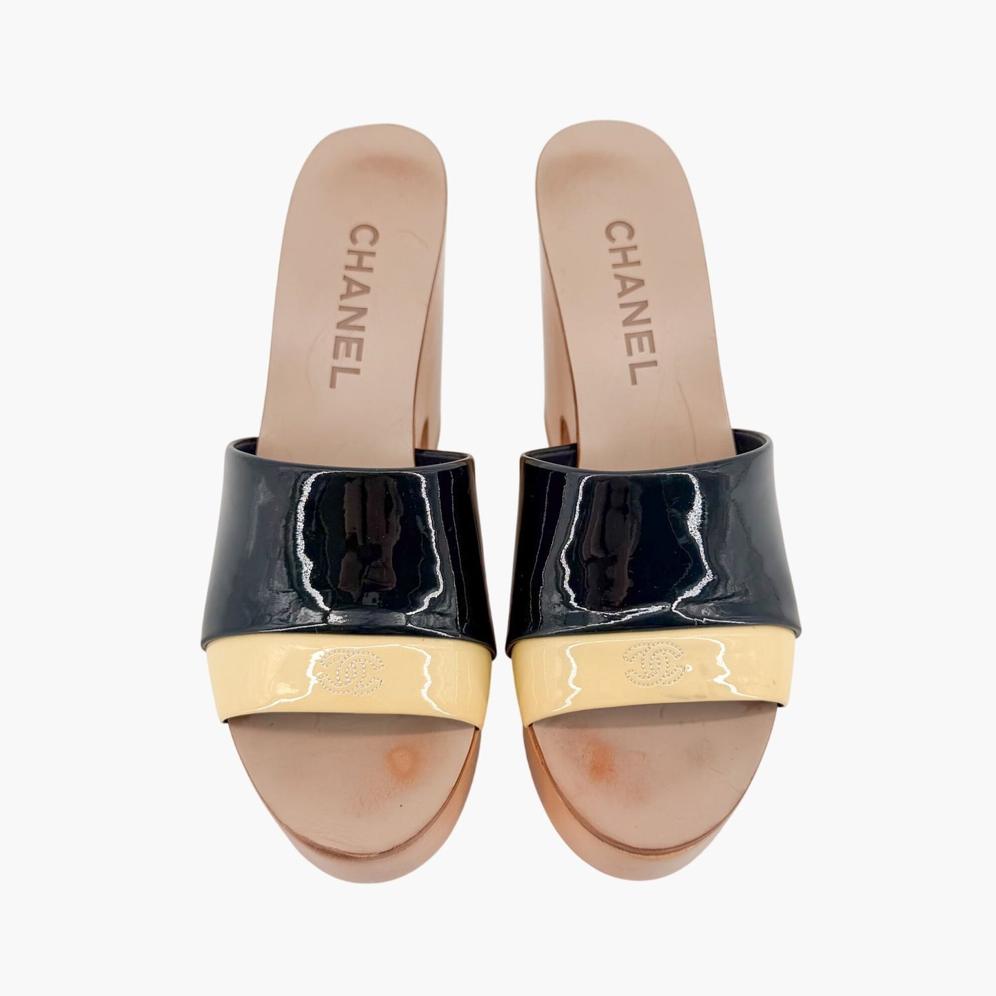 Chanel CC Wooden Wedge Mule Sandals in Black & Beige Patent Leather Size 36.5