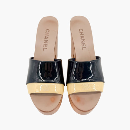 Chanel CC Wooden Wedge Mule Sandals in Black & Beige Patent Leather Size 36.5