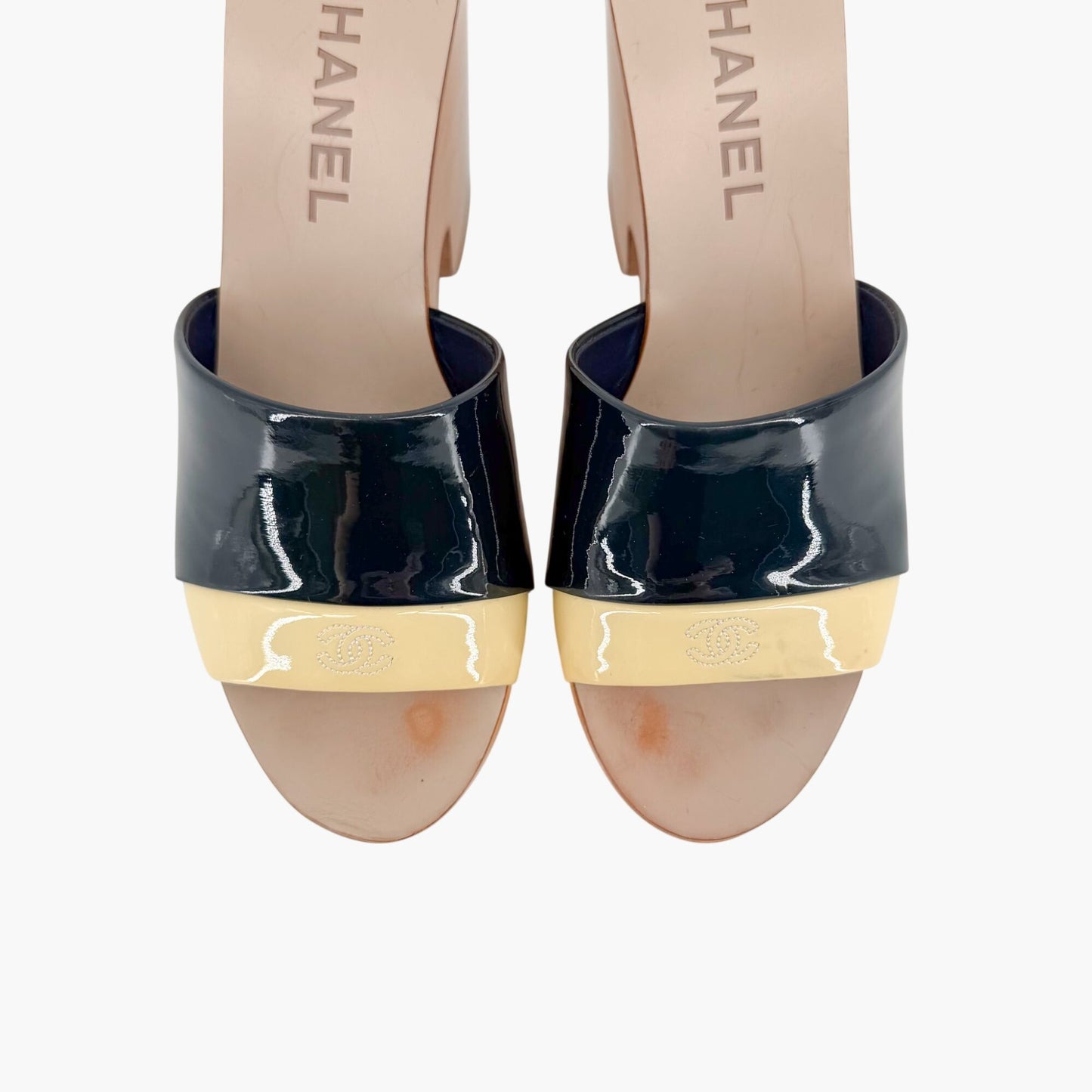 Chanel CC Wooden Wedge Mule Sandals in Black & Beige Patent Leather Size 36.5