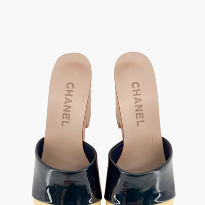 Chanel CC Wooden Wedge Mule Sandals in Black & Beige Patent Leather Size 36.5
