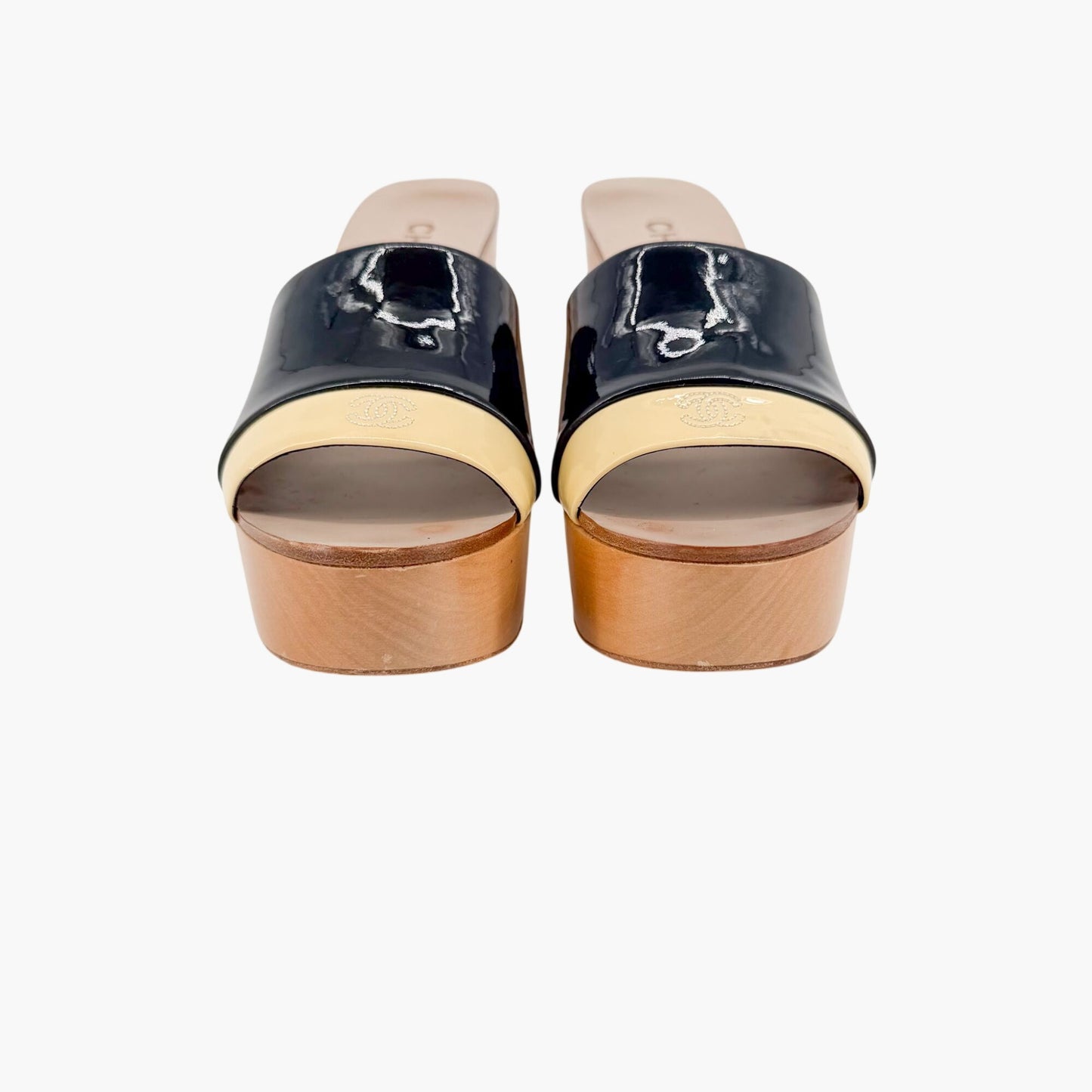 Chanel CC Wooden Wedge Mule Sandals in Black & Beige Patent Leather Size 36.5