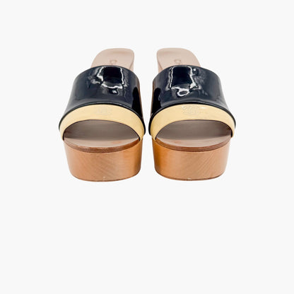 Chanel CC Wooden Wedge Mule Sandals in Black & Beige Patent Leather Size 36.5