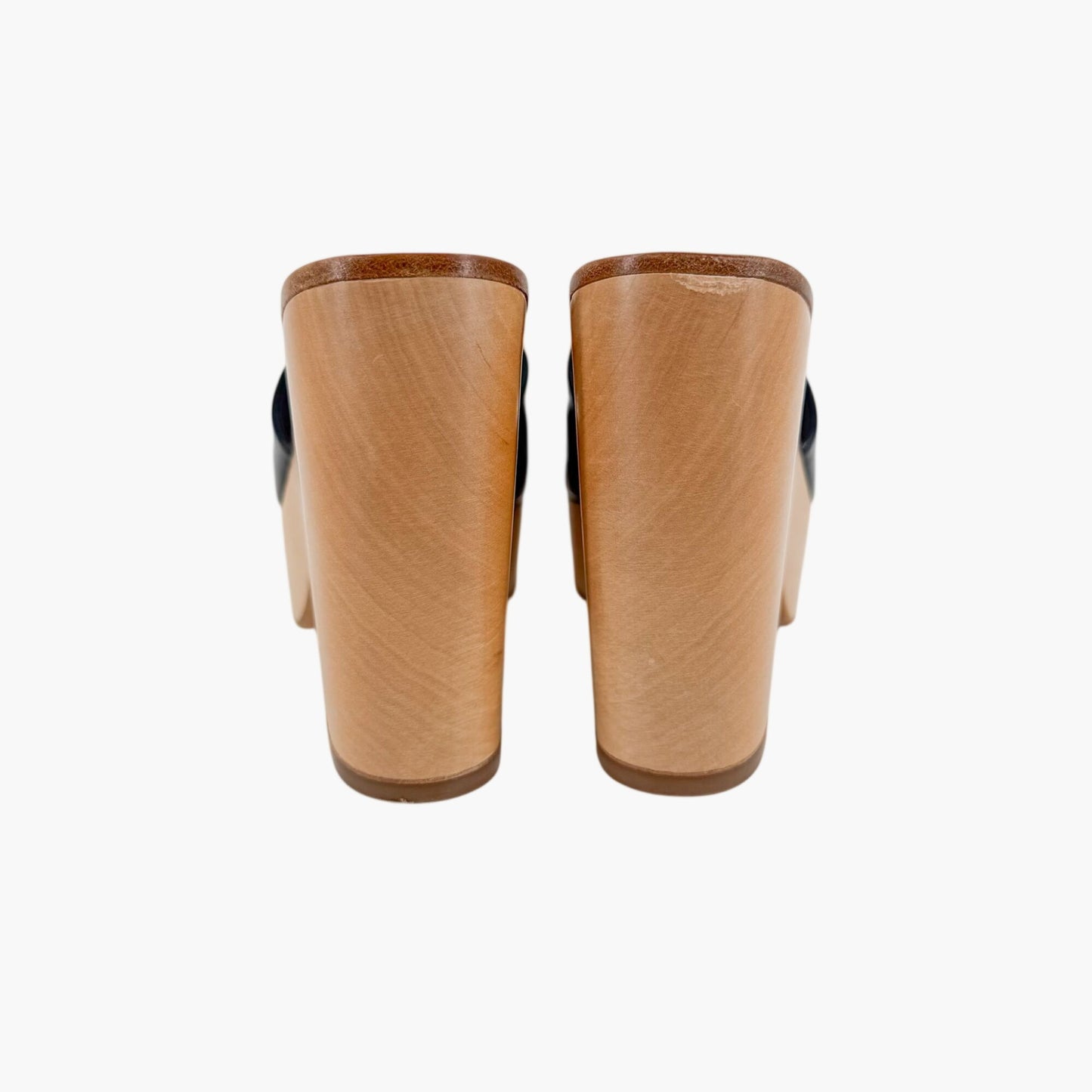 Chanel CC Wooden Wedge Mule Sandals in Black & Beige Patent Leather Size 36.5