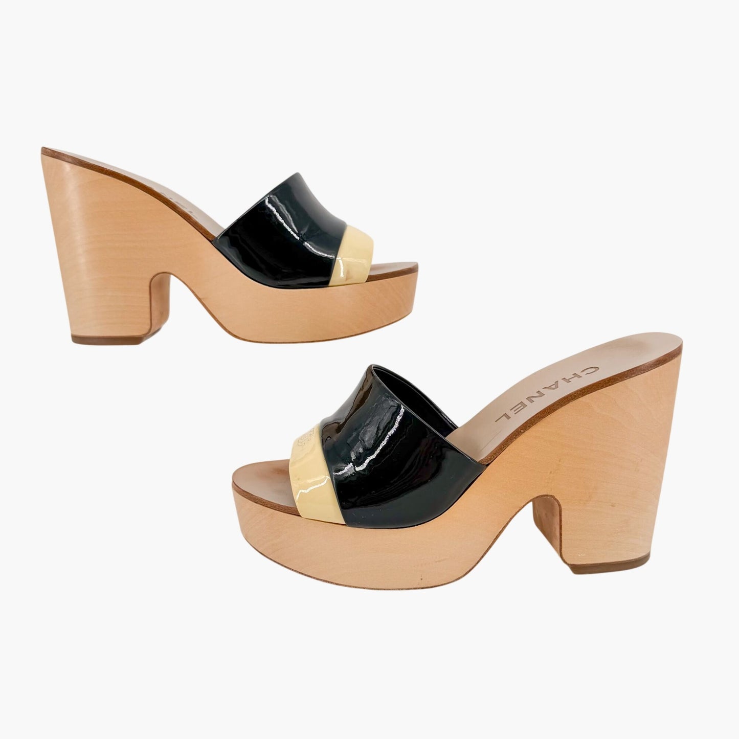 Chanel CC Wooden Wedge Mule Sandals in Black & Beige Patent Leather Size 36.5