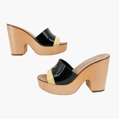 Chanel CC Wooden Wedge Mule Sandals in Black & Beige Patent Leather Size 36.5