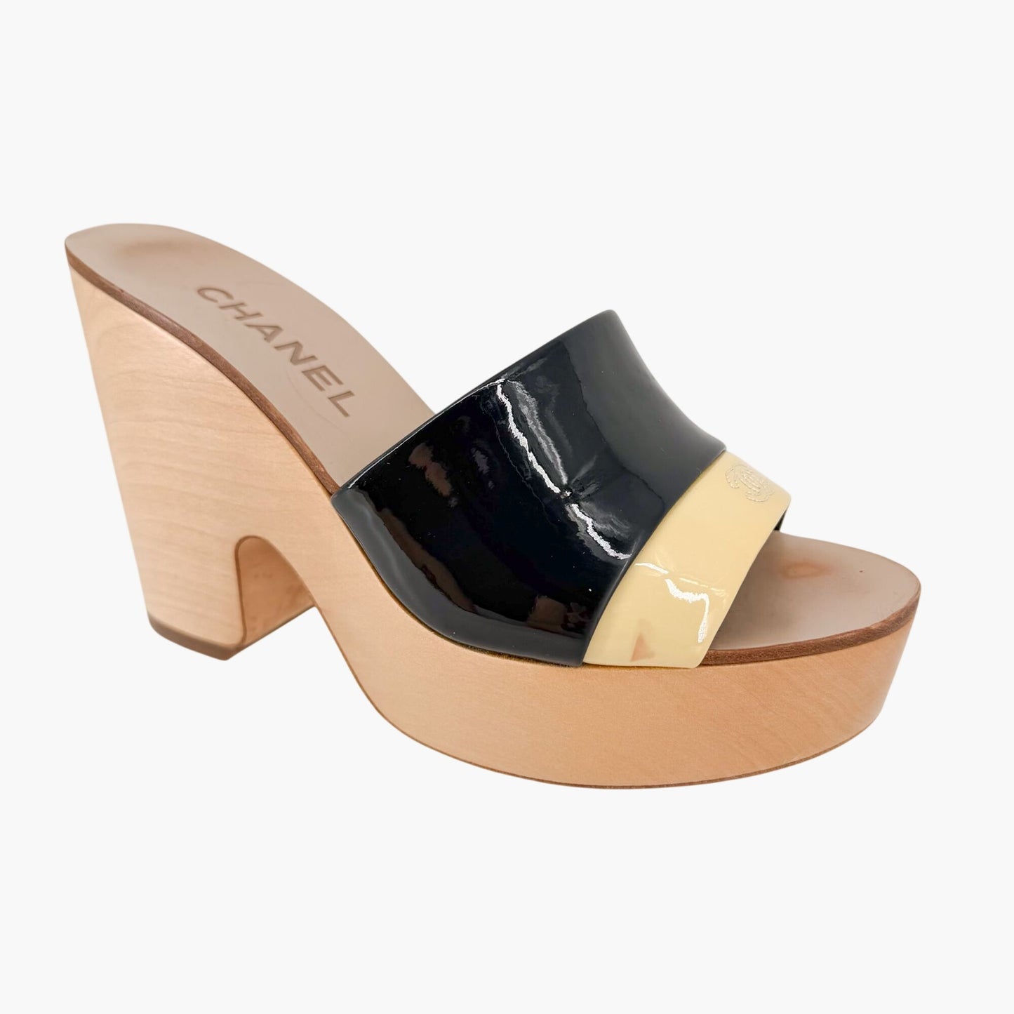 Chanel CC Wooden Wedge Mule Sandals in Black & Beige Patent Leather Size 36.5