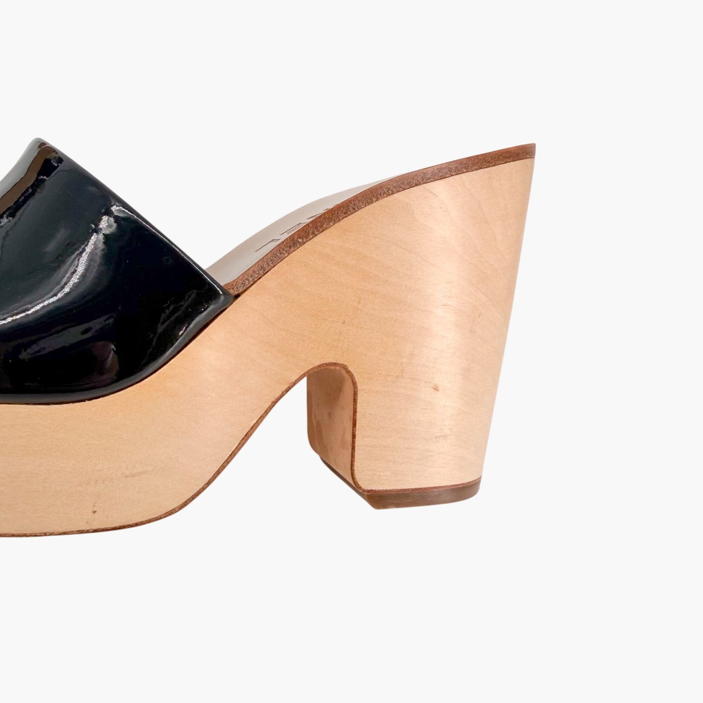 Chanel CC Wooden Wedge Mule Sandals in Black & Beige Patent Leather Size 36.5