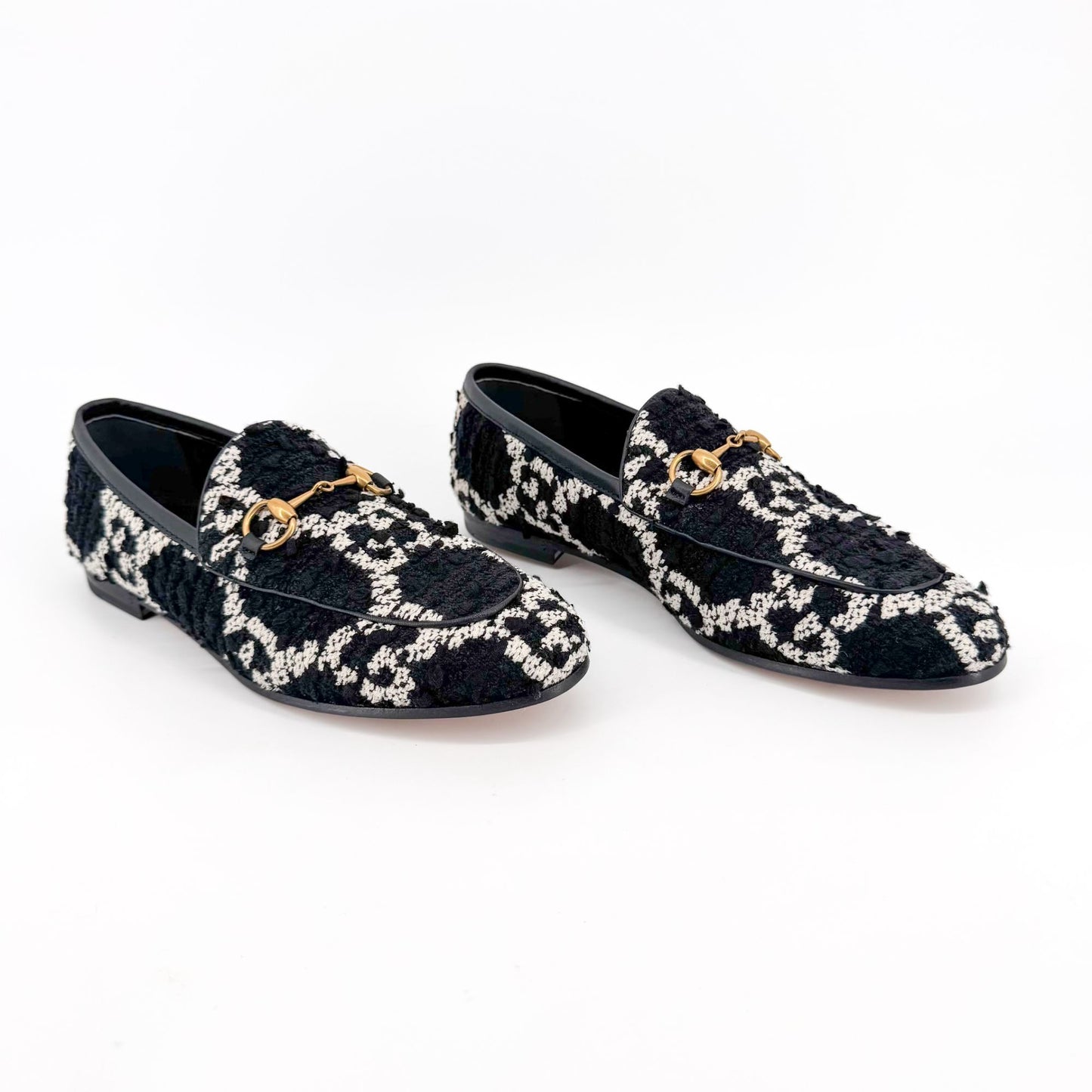Gucci Jordaan Horsebit Loafer in Black GG Tweed Size 36.5