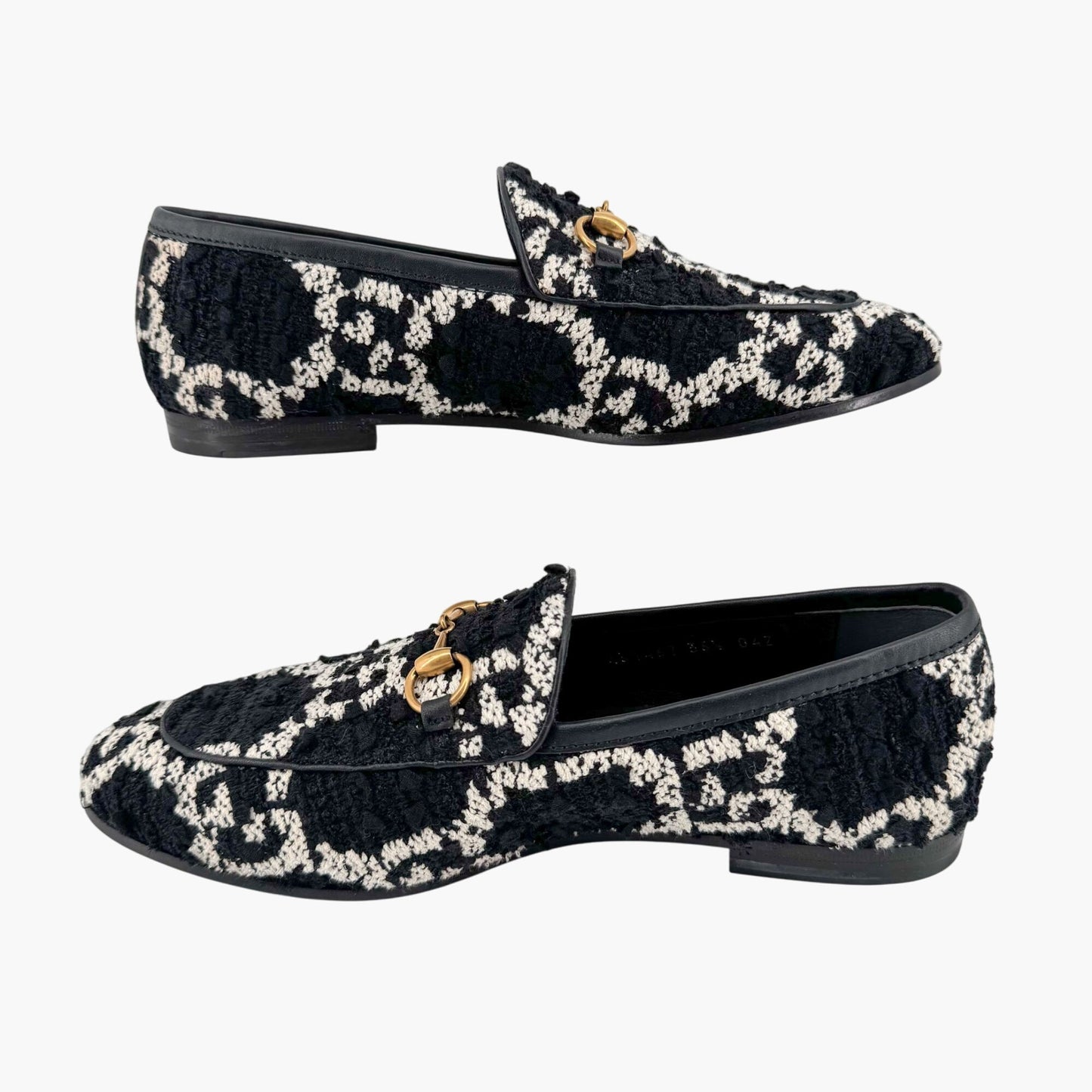 Gucci Jordaan Horsebit Loafer in Black GG Tweed Size 36.5
