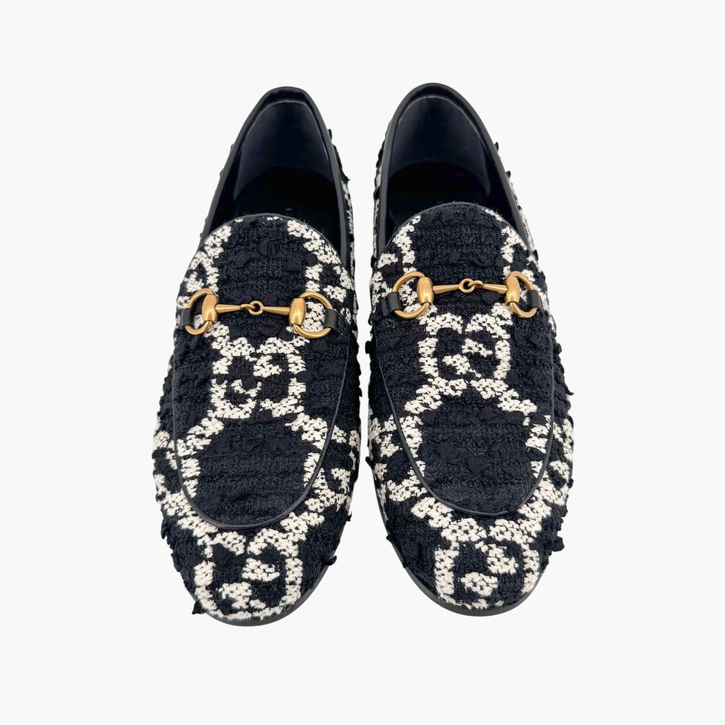 Gucci Jordaan Horsebit Loafer in Black GG Tweed Size 36.5
