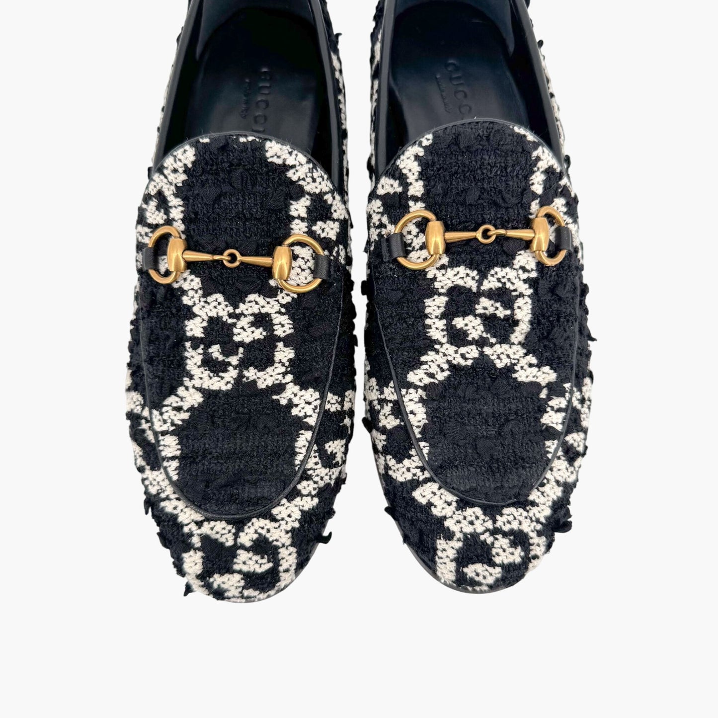 Gucci Jordaan Horsebit Loafer in Black GG Tweed Size 36.5