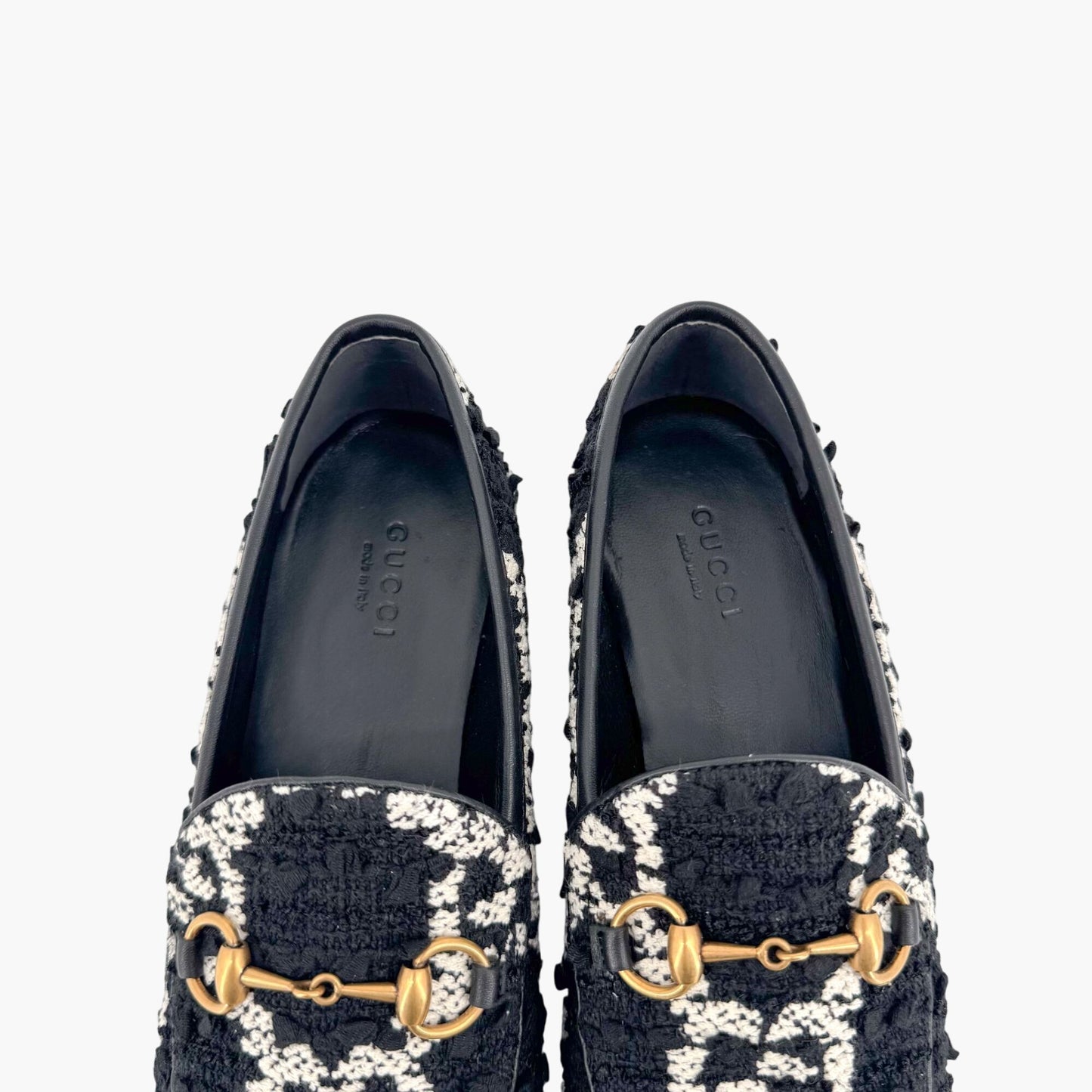 Gucci Jordaan Horsebit Loafer in Black GG Tweed Size 36.5