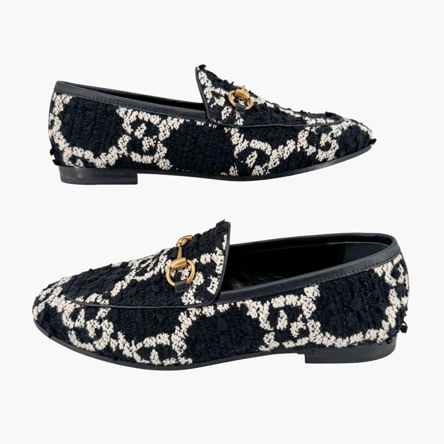 Gucci Jordaan Horsebit Loafer in Black GG Tweed Size 36.5