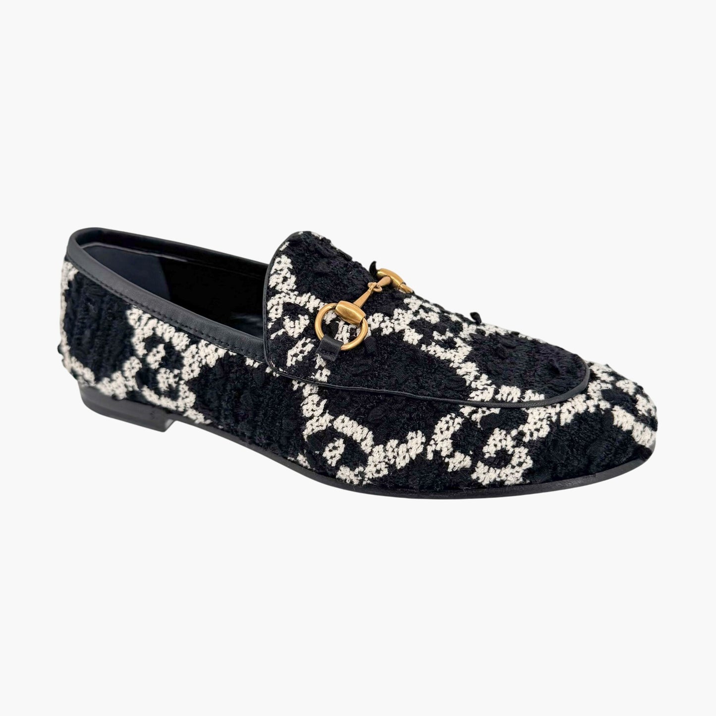 Gucci Jordaan Horsebit Loafer in Black GG Tweed Size 36.5
