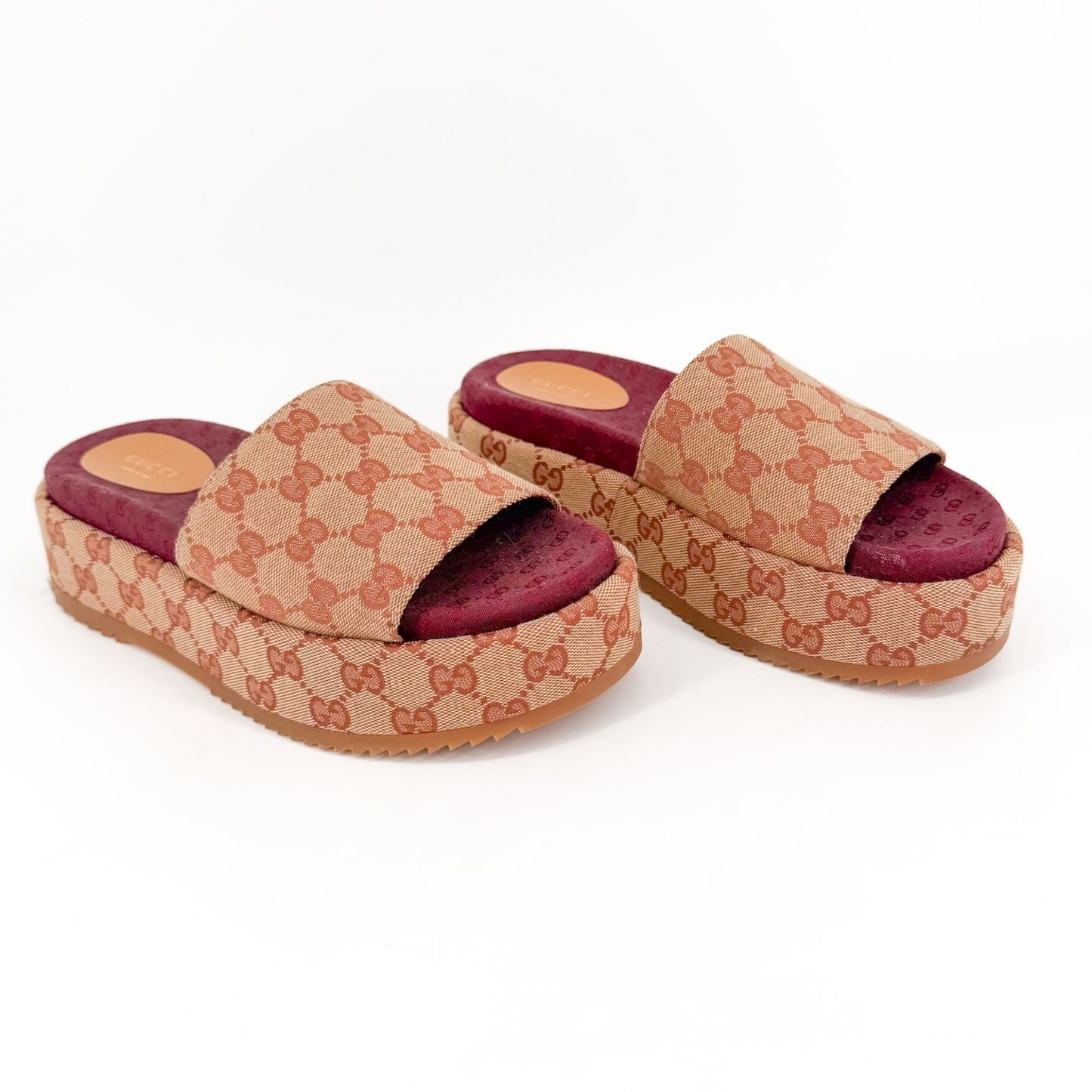 Gucci Angelina Platform Slide Sandals Beige GG Canvas Size 38