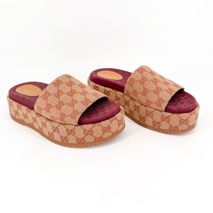 Gucci Angelina Platform Slide Sandals Beige GG Canvas Size 38
