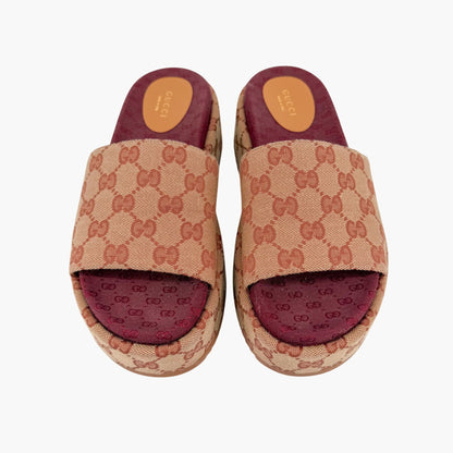 Gucci Angelina Platform Slide Sandals Beige GG Canvas Size 38