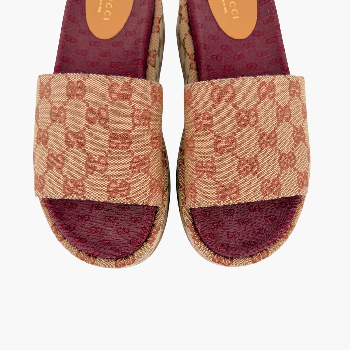 Gucci Angelina Platform Slide Sandals Beige GG Canvas Size 38