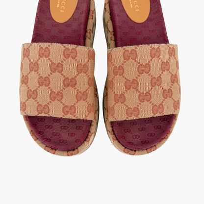 Gucci Angelina Platform Slide Sandals Beige GG Canvas Size 38