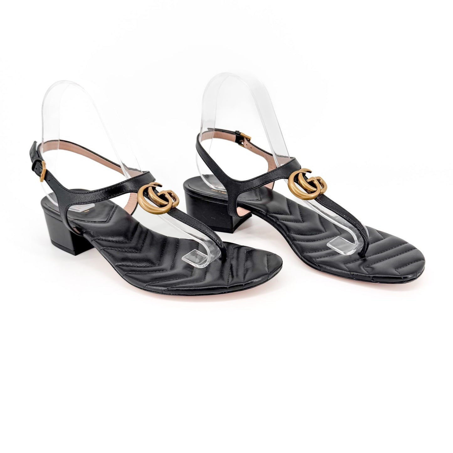 Gucci Marmont GG T-Strap Block Heel Sandals Black Size 39.5