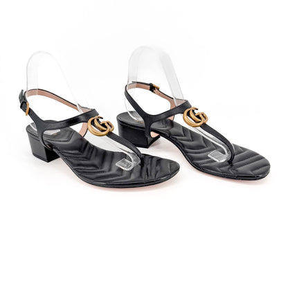 Gucci Marmont GG T-Strap Block Heel Sandals Black Size 39.5